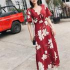 Short-sleeve Floral Print V-neck Dress