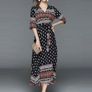 Printed V-neck Elbow-sleeve A-line Midi Dress
