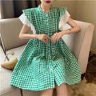 Short-sleeve Ruffled Gingham A-line Dress Plaid - Green - One Size