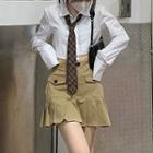 Tie-neck Shirt / Pleated Mini A-line Skirt