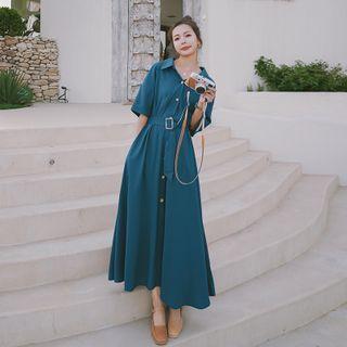Collared Elbow-sleeve Maxi Shift Dress
