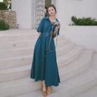 Collared Elbow-sleeve Maxi Shift Dress