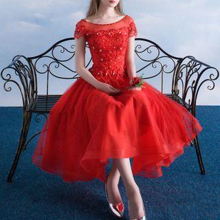 Lace Appliqu  Cap Sleeve Midi Prom Dress