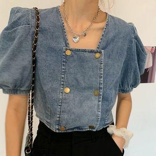 Puff-sleeve Square-neck Denim Crop Top Denim Blue - One Size