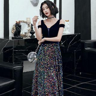 Cold-shoulder Paneled Sequined A-line Evening Gown