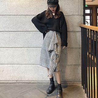 Plain V-neck Loose-fit Sweater / Plaid Irregular Midi Skirt