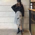Plain V-neck Loose-fit Sweater / Plaid Irregular Midi Skirt