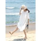 Elbow-sleeve Square-neck Lace-trim Shift Dress