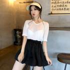 Plain Elbow-sleeve Top / A-line Skirt
