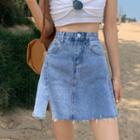 Side-slit Frayed Denim Mini A-line Skirt