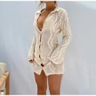Long-sleeve Perforated Collared Mini Dress