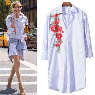 Long-sleeved Embroidered Loose-fit Striped Sheath Blouse