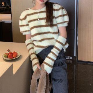 Set: Short-sleeve Striped Knit Top + Oversleeves