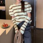Set: Short-sleeve Striped Knit Top + Oversleeves