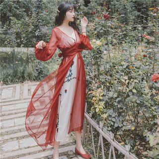 Set: Spaghetti Strap Floral Print Midi Dress + Balloon-sleeve Mesh Top