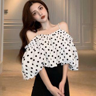 Dotted Cold Shoulder Elbow-sleeve Top Black Dot - White - One Size