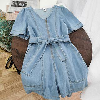 High-waist Wide-leg Denim Playsuit