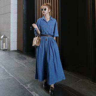Elbow-sleeve Button Denim Maxi A-line Dress