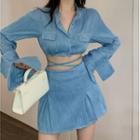 Long-sleeve Pocket-detail Cropped Shirt / High-waist A-line Mini Skirt