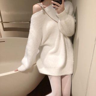 Rhinestone Cold-shoulder Boxy Sweater