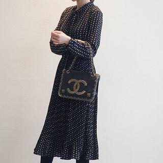 Tie-neck Pattern A-line Midi Dress