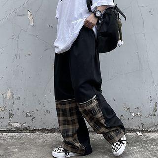 Plaid Paneled Zip-accent Wide Leg Pants