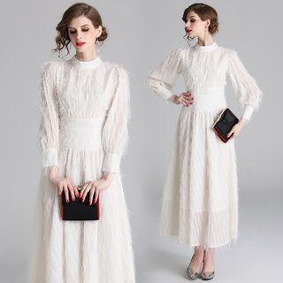 Long-sleeve Furry A-line Midi Dress