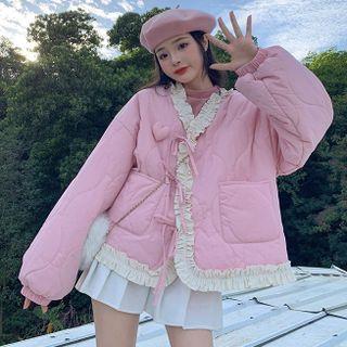 V-neck Ruffle Trim Padded Jacket Pink - One Size