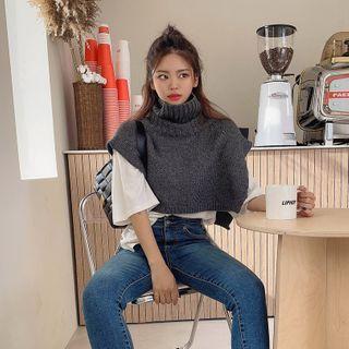 High-neck Wool Blend Shawl Knit Top