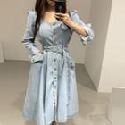 3/4-sleeve Denim Midi A-line Dress Blue - One Size