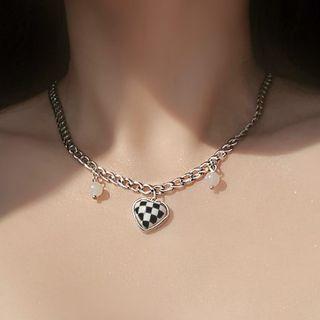 Checkerboard Heart Charm Chain Choker Silver - One Size