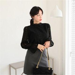 Crochet-trim Puff-shoulder Lace Blouse