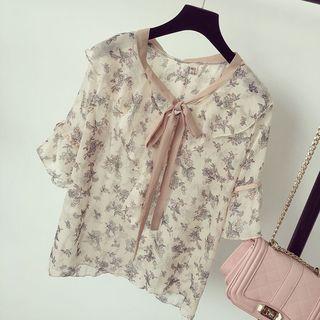 Flounced See-through Short-sleeve Chiffon Top