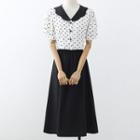 Set: Short-sleeve Dot Print Blouse + Midi Skirt