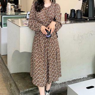 Long-sleeve Floral Print Midi A-line Skirt White Flower - Brown - One Size