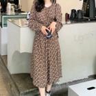 Long-sleeve Floral Print Midi A-line Skirt White Flower - Brown - One Size