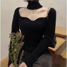 Choker-neck Ribbed Knit Top Black - One Size