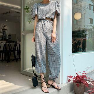 Set: Gingham Crop Top + Jogger Pants Black - One Size