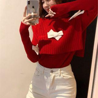 Set: Plain Knit Top + Turtleneck Bow Shawl