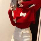 Set: Plain Knit Top + Turtleneck Bow Shawl