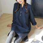 Mandarin-collar Half-placket Linen Shirtdress