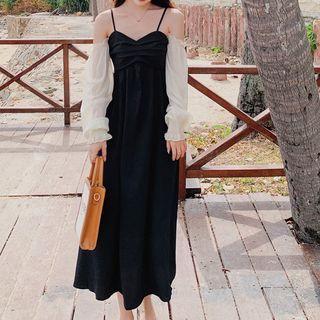 Cold-shoulder Two-tone Maxi A-line Dress