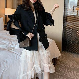 Buttoned Coat / Tiered Sheer Midi Skirt