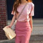 Plain Short-sleeve T-shirt / Back Slit Midi Pencil Skirt