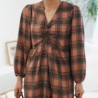 V-neck Shirred-front Long Plaid Dress