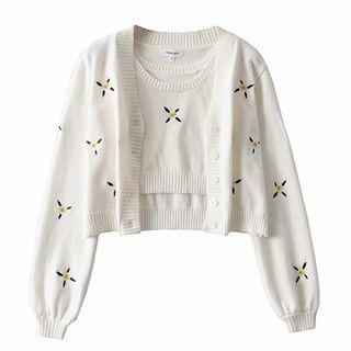 Set: Embroidered Cardigan + Spaghetti Strap Knit Top