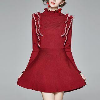 Ruffle Long-sleeve Knit Mini A-line Dress Wine Red - One Size