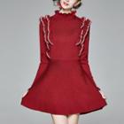 Ruffle Long-sleeve Knit Mini A-line Dress Wine Red - One Size