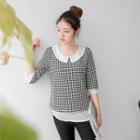 Mock Two-piece Check Collared Chiffon Top
