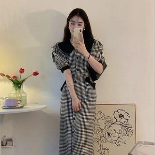 Puff-sleeve Gingham Check Midi Shirt Dress